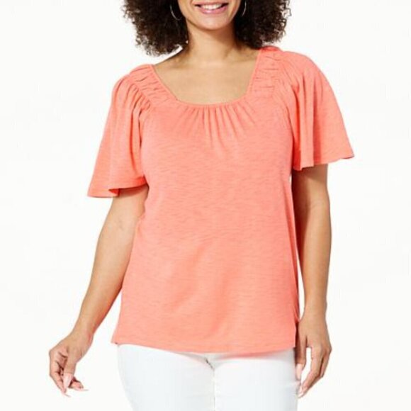 Colleen Lopez Tops - Colleen Lopez Pink Coral Flounce Square Neck Pull On Blouse XL